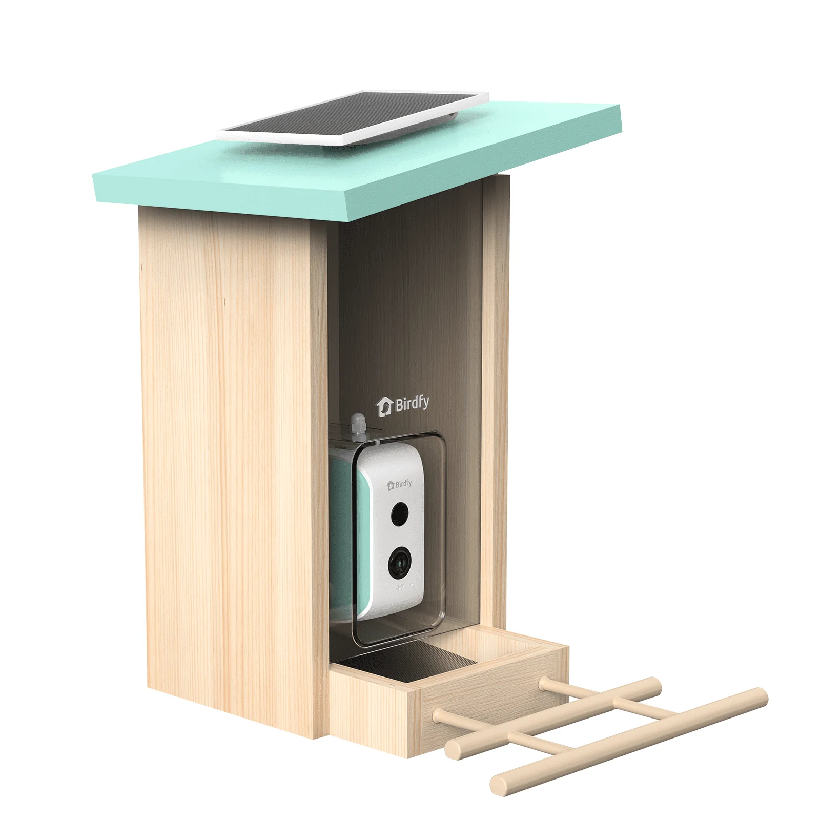 Birdfy Smart Bird Feeder with Camera, AI Identify 6000+ Species, Solar Powered,Eco-friendly Wooden, Ideal Gift, Cyan