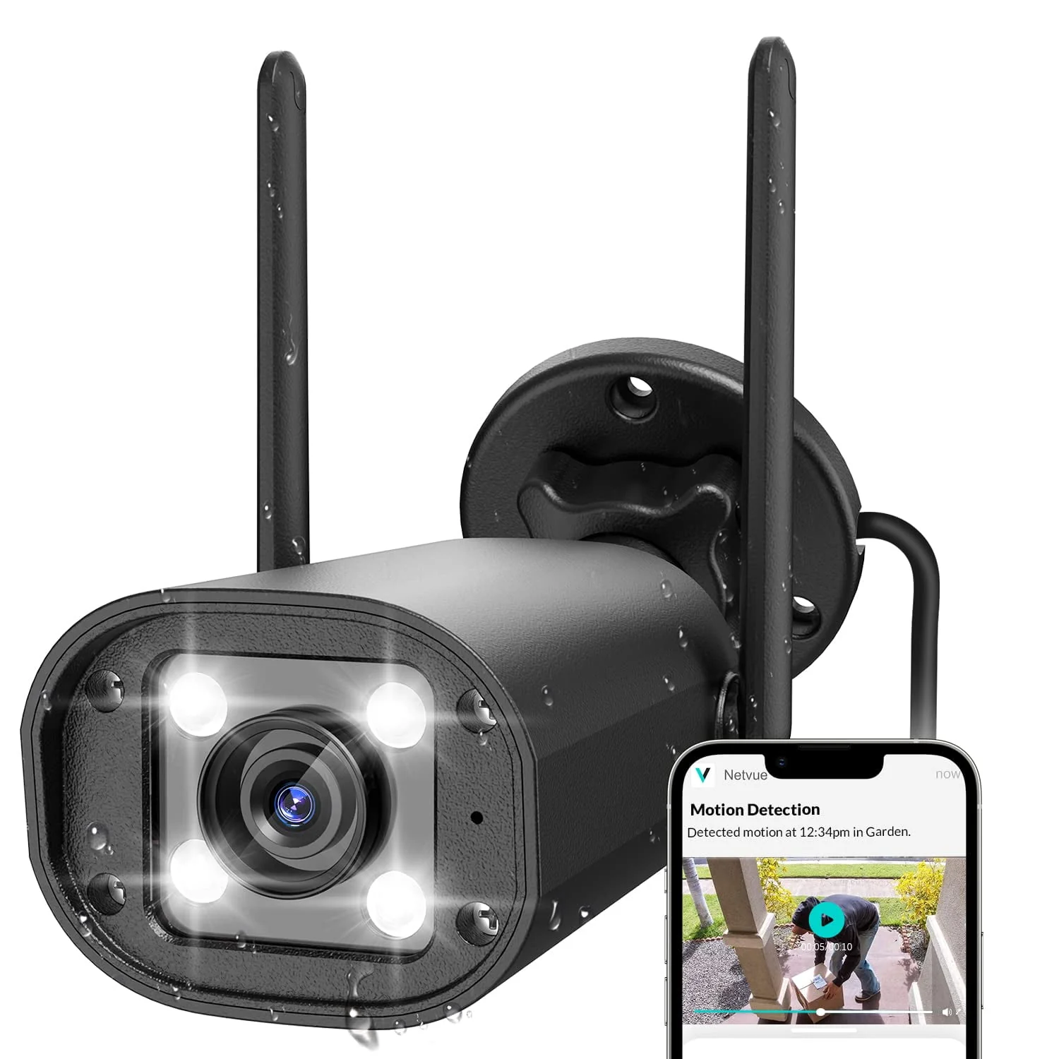 Netvue Outdoor Security Cameras, Surveillance Camera Wireless WiFi with 1080p Color Night Vision Siren Alarm, Black